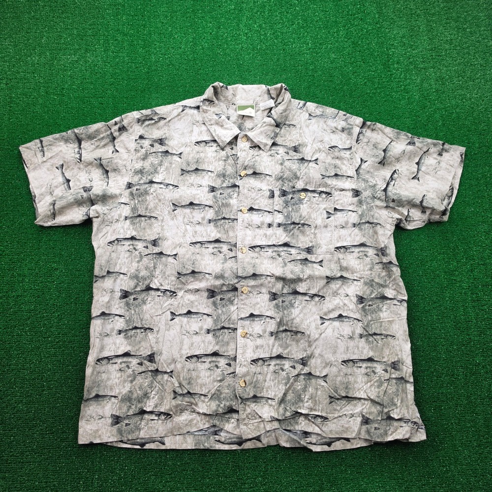 Allegheny Trail Fishing Shirt Mens‎ 2XL Gray Trout Stream Allover Print Outdoors